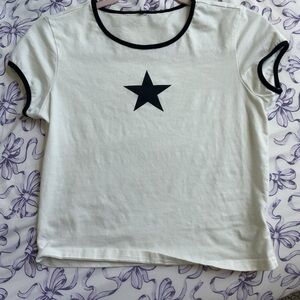 White Contrast Ringer Tee with Black Star